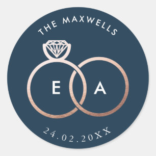 Modern Rose Gold Rings Navy Blue Wedding Sticker