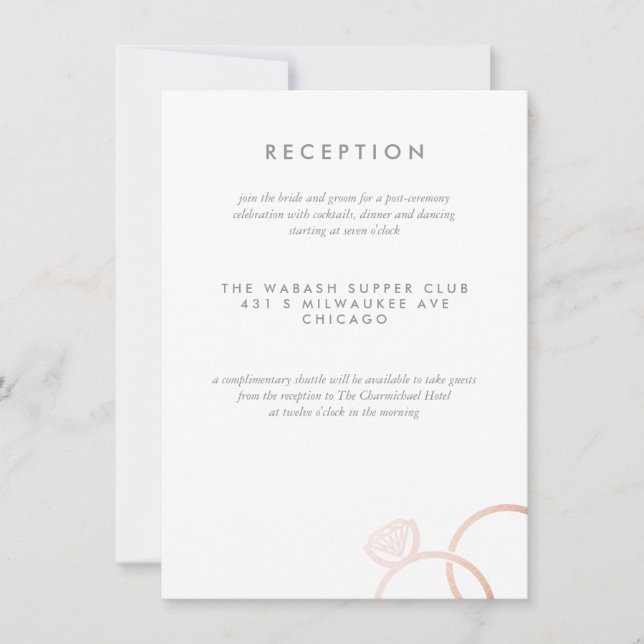 Modern Rose Gold Rings Wedding Reception Card (Front)
