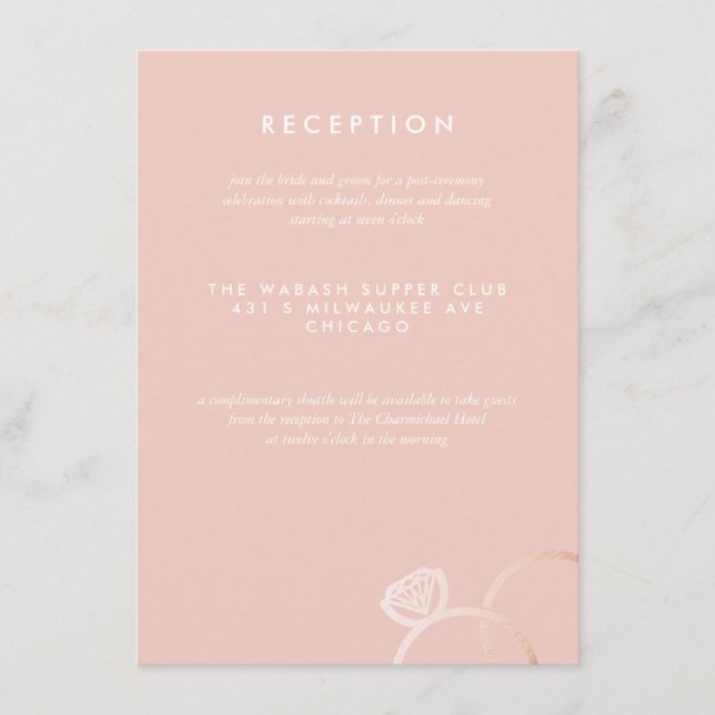Modern Rose Gold Rings Wedding Reception Card (Front)