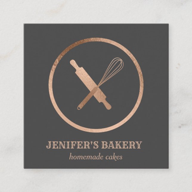 Modern rose gold rolling pin whisk chef bakery square business card (Front)
