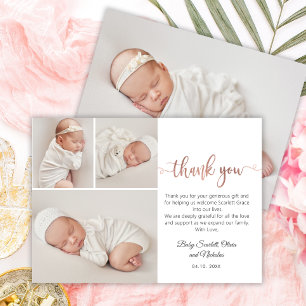 Modern Rose Gold Script Baby 3 Photo Collage Thank You Card