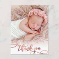 Modern Rose Gold Script Baby Girl Photo Thank You 