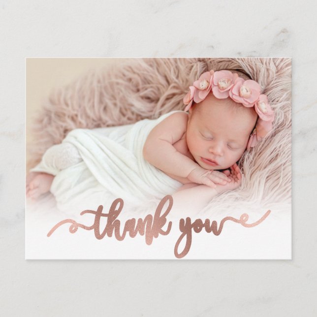 Modern Rose Gold Script Baby Girl Photo Thank You Postcard (Front)
