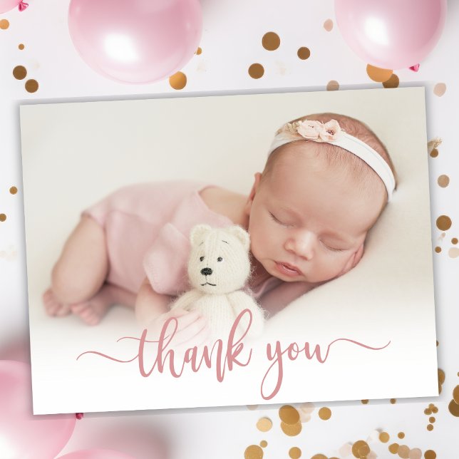 Modern Rose Gold Script Baby Photo Thank You (Creator Uploaded)