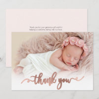 Modern Rose Gold Script Baby Photo Thank You Card