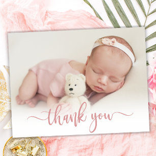Modern Rose Gold Script Baby Photo Thank You Postcard