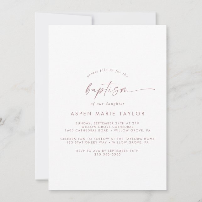 Modern Rose Gold Script Baptism Invitation (Front)