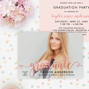 Modern Rose Gold Script Graduate Photo Graduation Invitation