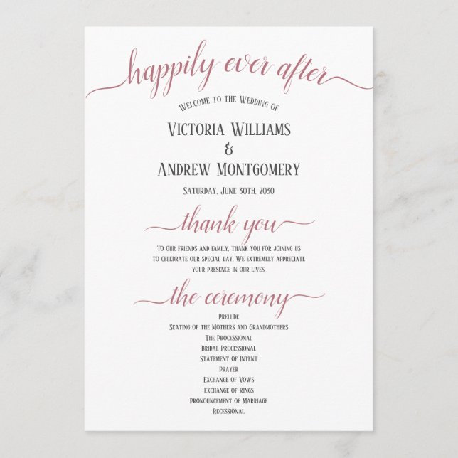 Modern Rose Gold Script Minimal Wedding Ceremony Programme (Front)