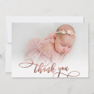Modern Rose Gold Script New Baby Photo Thank You Card