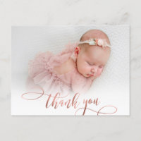 Modern Rose Gold Script New Baby Photo Thank You