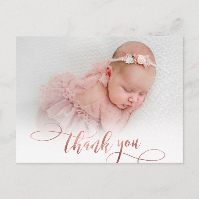 Modern Rose Gold Script New Baby Photo Thank You Postcard (Front)