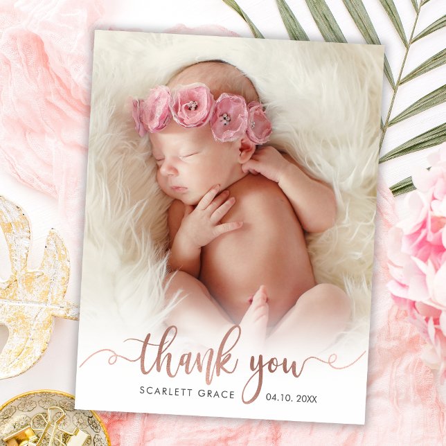 Modern Rose Gold Script Overlay text Baby Photo Thank You Card (Creator Uploaded)