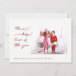 Modern Rose Gold Script Photo Wonderful Time Holiday Card<br><div class="desc">The most wonderful time of the year! This cheerful modern photo holiday card features the handwritten quote in an elegant printed rose gold script next to your favourite picture and your family name signature and custom message. The back has blush pink candy stripes.</div>