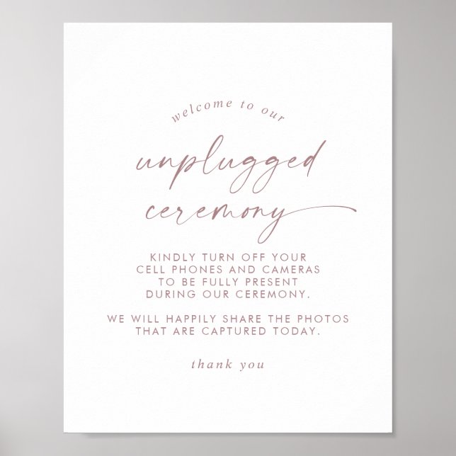 Modern Rose Gold Script Unplugged Ceremony Sign (Front)