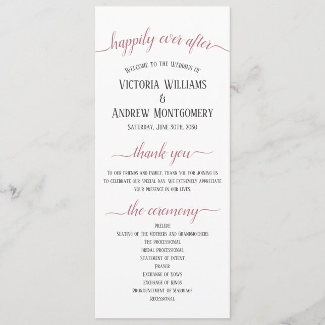 Modern Rose Gold Script Wedding Ceremony Programme (Front)