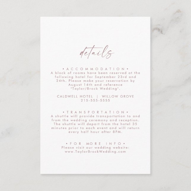 Modern Rose Gold Script Wedding Details Enclosure Card (Front)