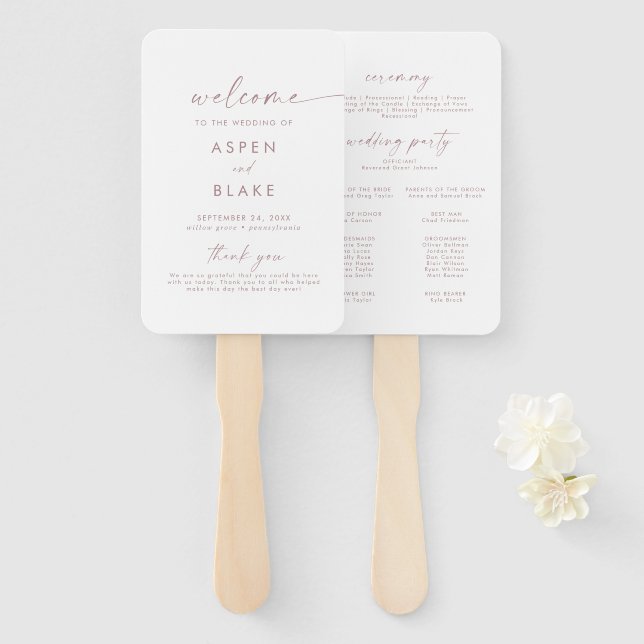 Modern Rose Gold Script Wedding Program Hand Fan (Front and Back)