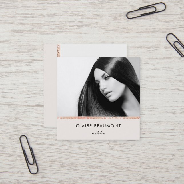 Modern Rose Gold Sequin Beauty Salon Photo Square Business Card (Front/Back In Situ)