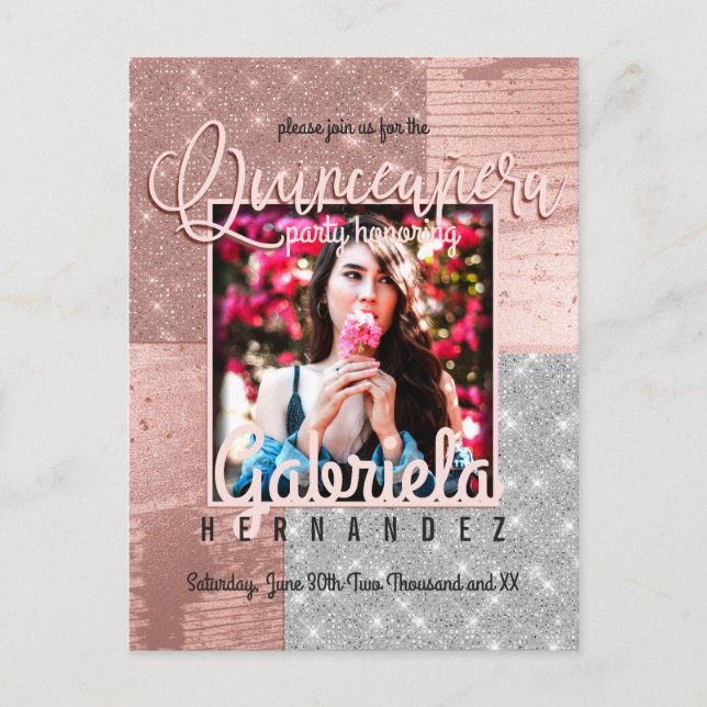 Modern Rose Gold Silver Glitter Photo Quinceañera Invitation Postcard (Front)