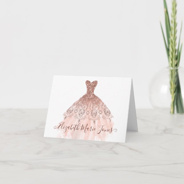 Modern Rose Gold Sparkle Pink Dress Girly Script Note Card (Front)