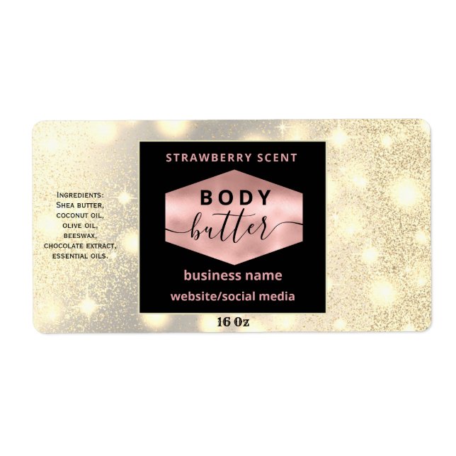 Modern rose gold sparkle script body butter label (Front)