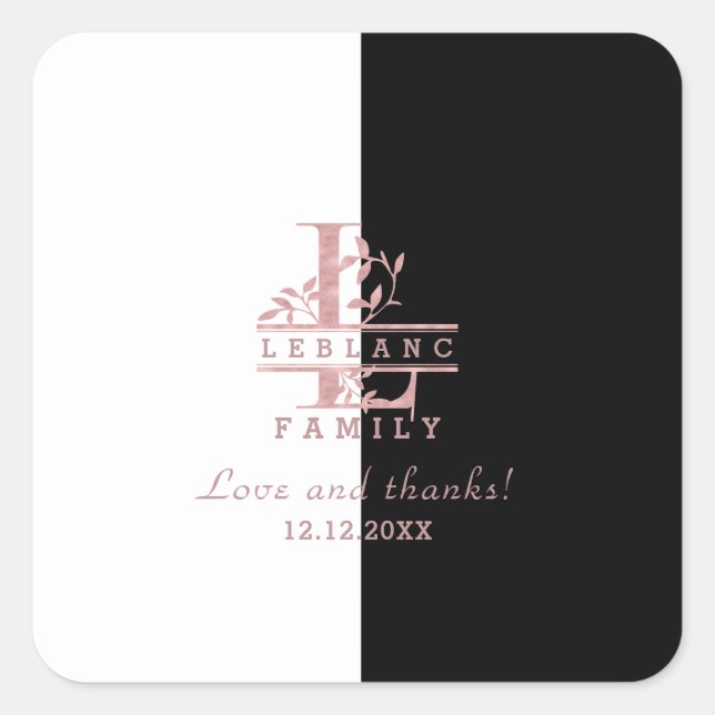 Modern Rose Gold Split Custom Monogram L Square Sticker (Front)