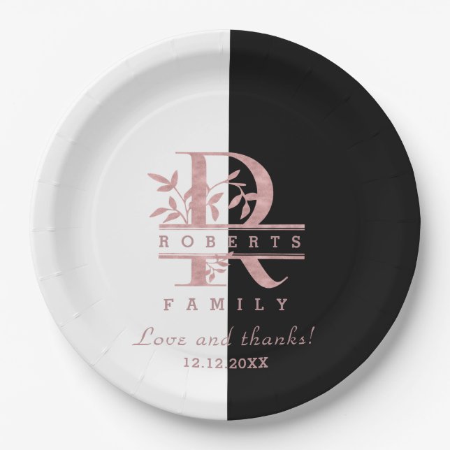 Modern Rose Gold Split Custom Monogram R Paper Plate (Front)