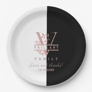 Modern Rose Gold Split Custom Monogram V Paper Plate