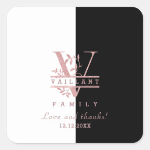 Modern Rose Gold Split Custom Monogram V Square Sticker