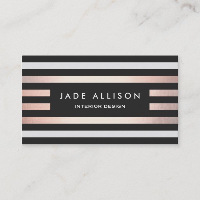 Modern Rose Gold Striped Interior Designer Business Card (Front)