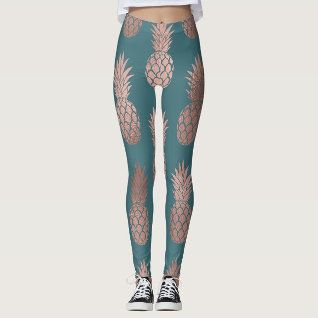Modern Rose Gold Teal Green Pineapple Pattern Leggings (Front)