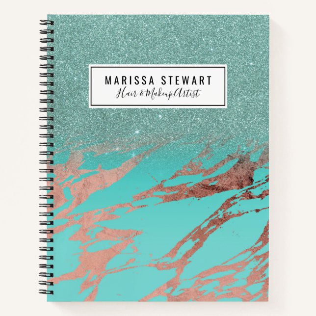 Modern Rose Gold Teal Marble Glitter Gradient Notebook (Front)
