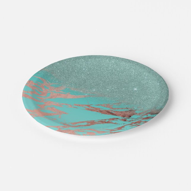 Modern Rose Gold Teal Marble Glitter Gradient Paper Plate (Angled)