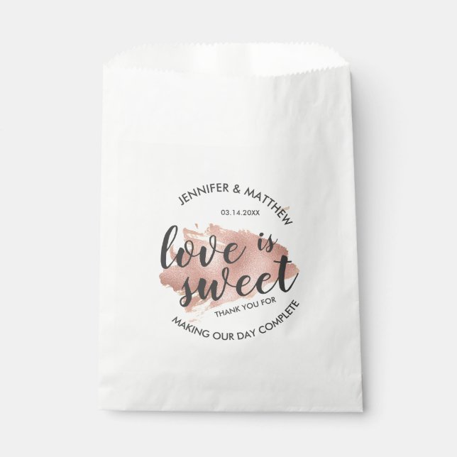 Modern Rose Gold Texture Love is Sweet Wedding Favour Bags (Front)
