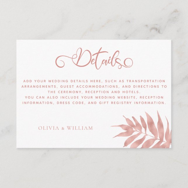 Modern Rose Gold Tropical Leaf Wedding Details Enclosure Card (Front)