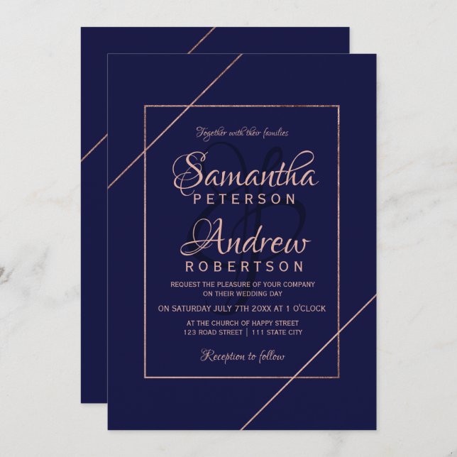 Modern rose gold typography navy frame wedding invitation (Front/Back)