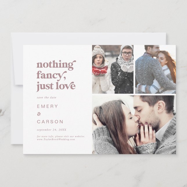 Modern Rose Gold Typography Nothing Fancy 3 Photo Save The Date (Front)