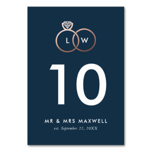 Modern Rose Gold Wedding Rings Table Number Navy