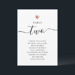 Modern Rose Gold Wedding Table Number Cards<br><div class="desc">These chic table cards shine with simplicity. With modern typography and gorgeous calligraphy accented by a pretty heart in (printed) rose gold,  these seating charts are both minimal and elegant. Personalise with your table number and names of guests. The front and back show the same design.</div>