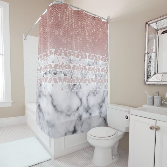 Modern Rose Gold White Marble Geometric Ombre Shower Curtain (In Situ)
