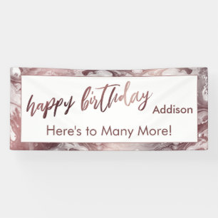Modern Rose Gold & White Marble Happy Birthday Banner