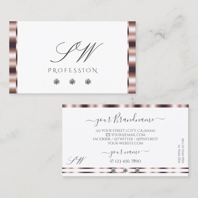 Modern Rose Gold White Sparkling Diamonds Initials Business Card (Front/Back)