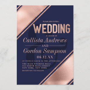 Modern Rose Gold White Stripe Corner Wedding Invitation
