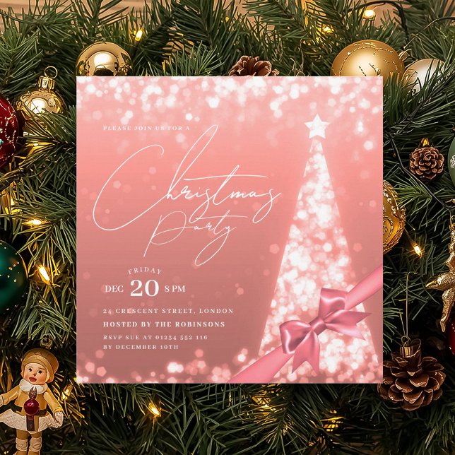 MODERN Rose Gold Winter Christmas Tree Bow Party  Invitation (MODERN Rose Gold Winter Christmas Tree Bow Party Invitation)