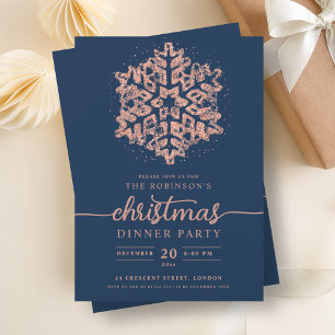 Modern Rose Gold Winter Snowflake Christmas Navy  Invitation