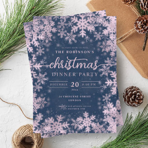 Modern Rose Gold Winter Wonderland Christmas Navy  Invitation