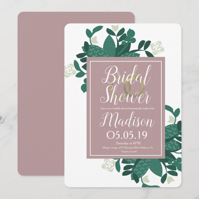 Modern Rose Greenery Wreath Drop Faux Foil Rings Invitation (Front/Back)