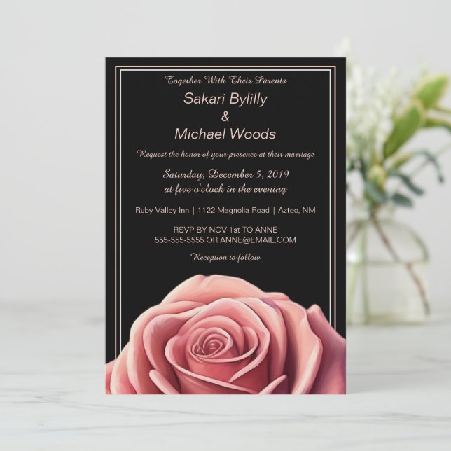 Modern Rose on Black Invitation (Standing Front)