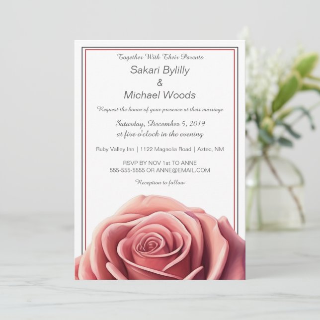Modern Rose on White Invitation (Standing Front)